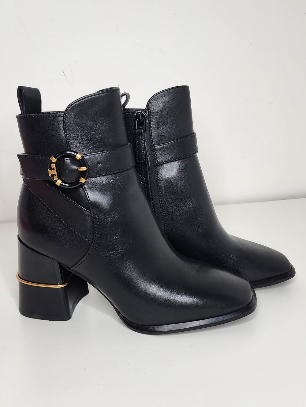 Tory Burch Multi Logo Buckle Black Leather Womens Ankle Boots with Gold Accent